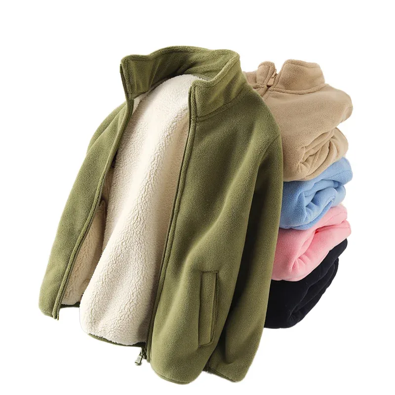 Kids' Turtleneck Fleece Coat — Colour range, folded stack of the nine colourways