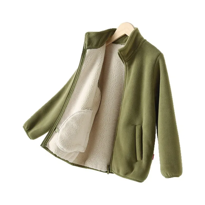 Kids' Turtleneck Fleece Coat — Green, open, showing the fleece lining