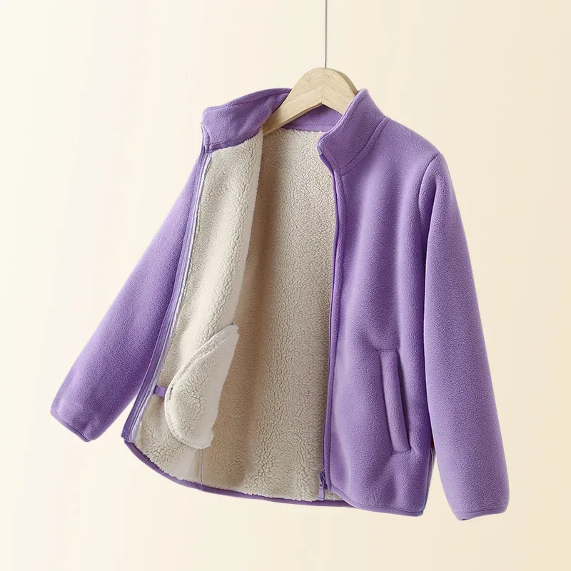 Kids' Turtleneck Fleece Coat — Purple, open on hanger
