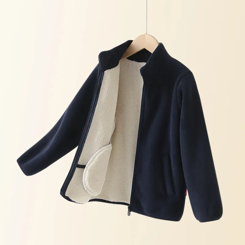 Kids' Turtleneck Fleece Coat — Navy Blue, open on hanger