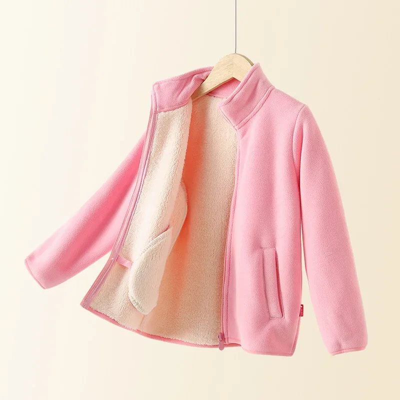 Kids' Turtleneck Fleece Coat — Pink, open on hanger
