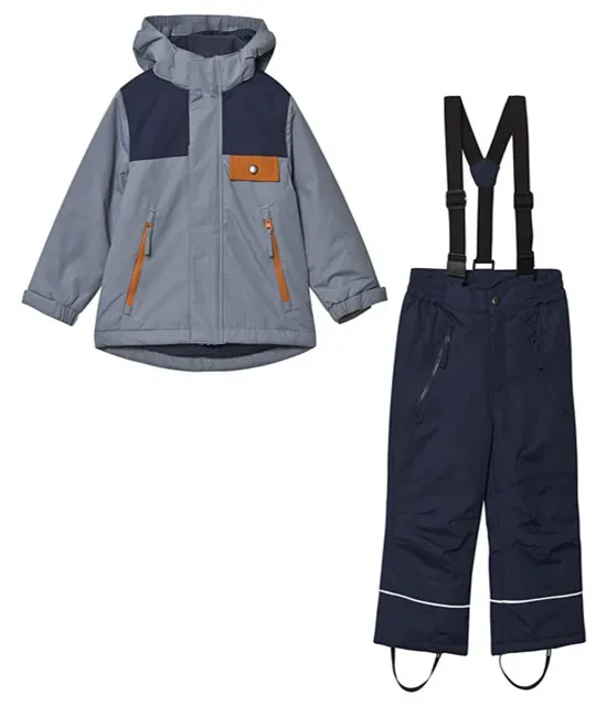 Kids' Two-Piece Ski Suit — Grey & Navy — Grey & Navy, jacket and suspender pant, front view