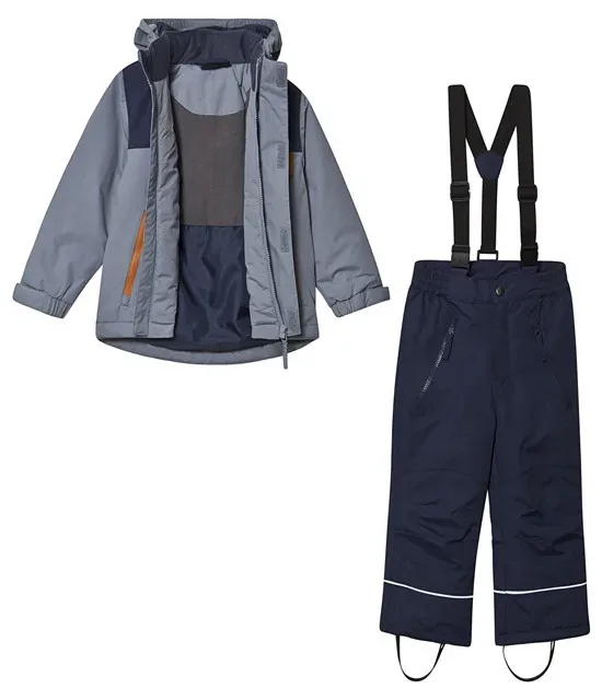 Kids' Two-Piece Ski Suit — Grey & Navy — Grey & Navy, jacket open, pant front view