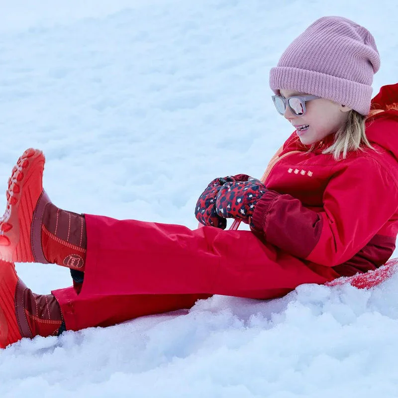 Kids' Two-Style Ski Bib Pants — 5 Colourways — Rose Red bib style, worn in the snow