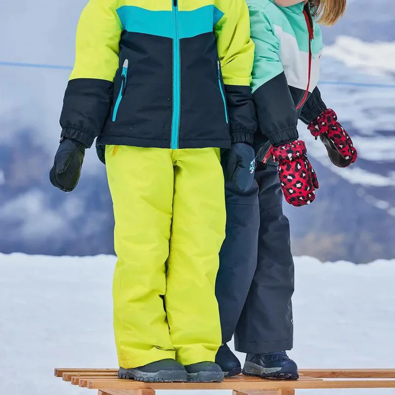 Kids' Two-Style Ski Bib Pants — 5 Colourways — Fluorescent Green waist style, worn