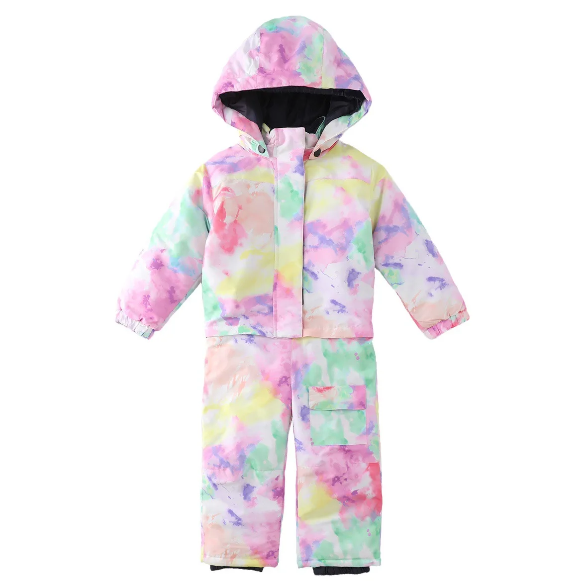 Kids' watercolor one-piece ski suit — Tie-Dye Print, front