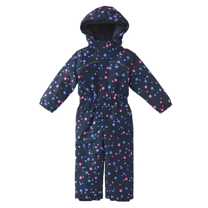 Kids' watercolor one-piece ski suit — Navy Dot Print, front