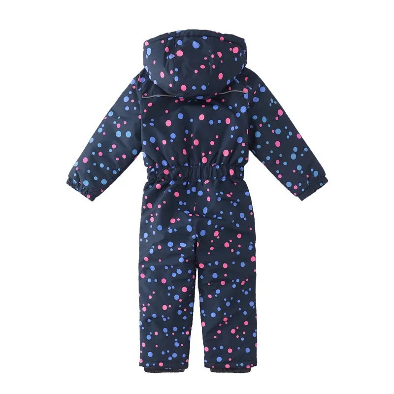 Kids' watercolor one-piece ski suit — Navy Dot Print, back