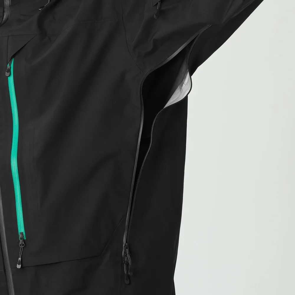 Men's 3-Layer Hardshell Jacket — Black/Green — Black/Green, underarm vent and pocket detail
