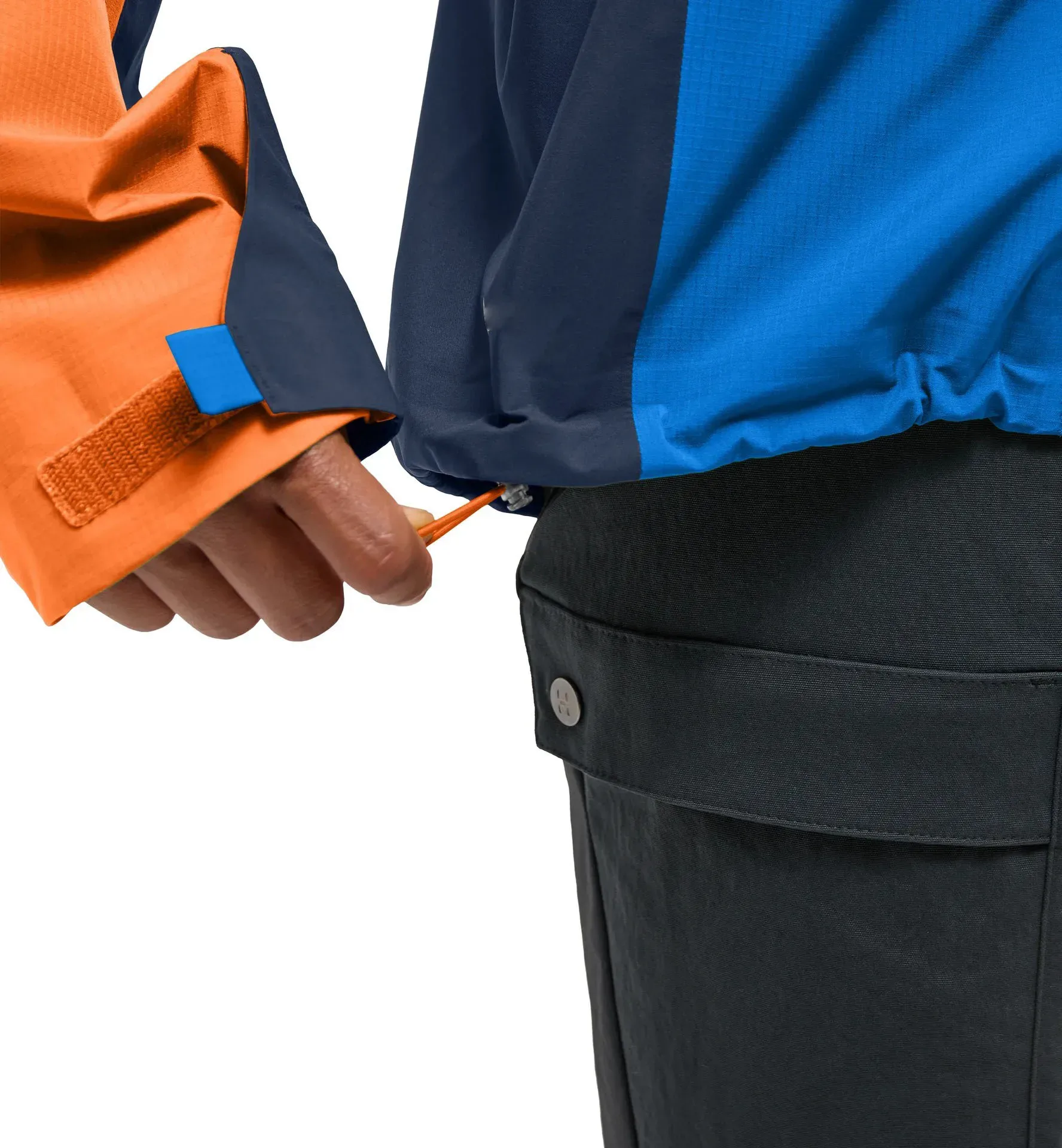 Men’s 3-Layer Hardshell Jacket — Blue & Orange — Blue & Orange, hem drawcord detail