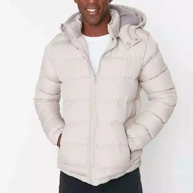 Men's Beige Hooded Puffer Parka — 1 Colourway