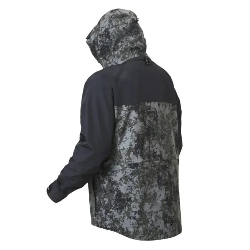 Men's Camo Hiking Softshell Jacket — 1 Colourway — Black Camo, back view, hood up