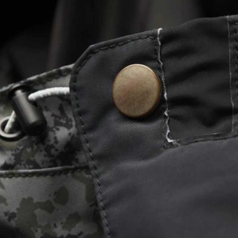 Men's Camo Hiking Softshell Jacket — 1 Colourway — Black Camo, snap and drawcord detail