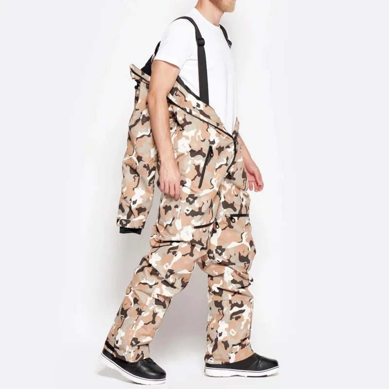 Men's Camo One-Piece Ski Suit — 1 Colourway — Brown Camo, top slipped off, suspender carry
