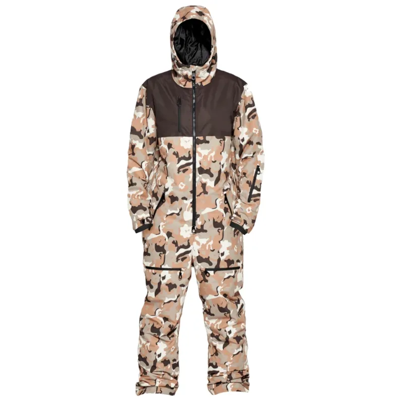 Men's Camo One-Piece Ski Suit — 1 Colourway — Brown Camo, hood-up front view