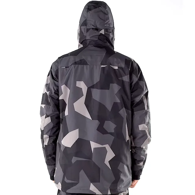 Men's Camouflage Ski Jacket — Black / Grey Camouflage — back view, hood up