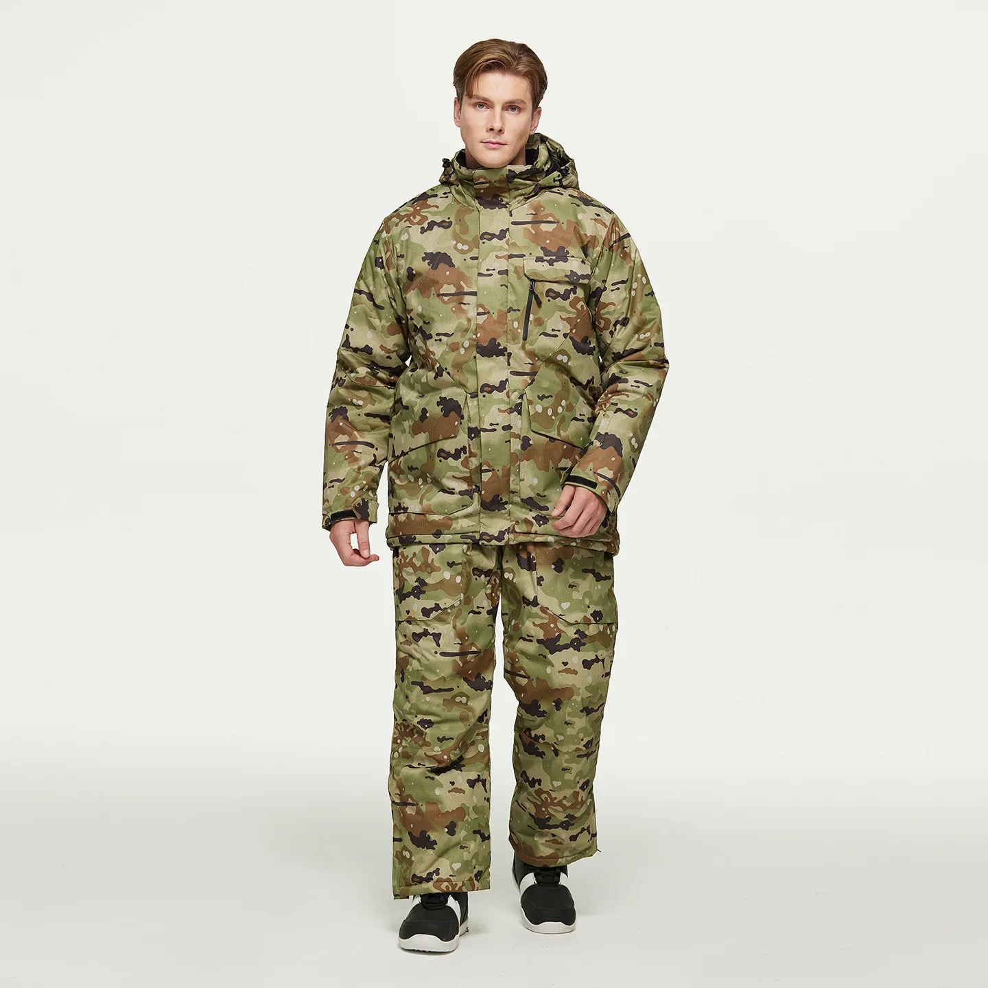 Men's camo ski set — light camo — insulated jacket and bib pants on a model