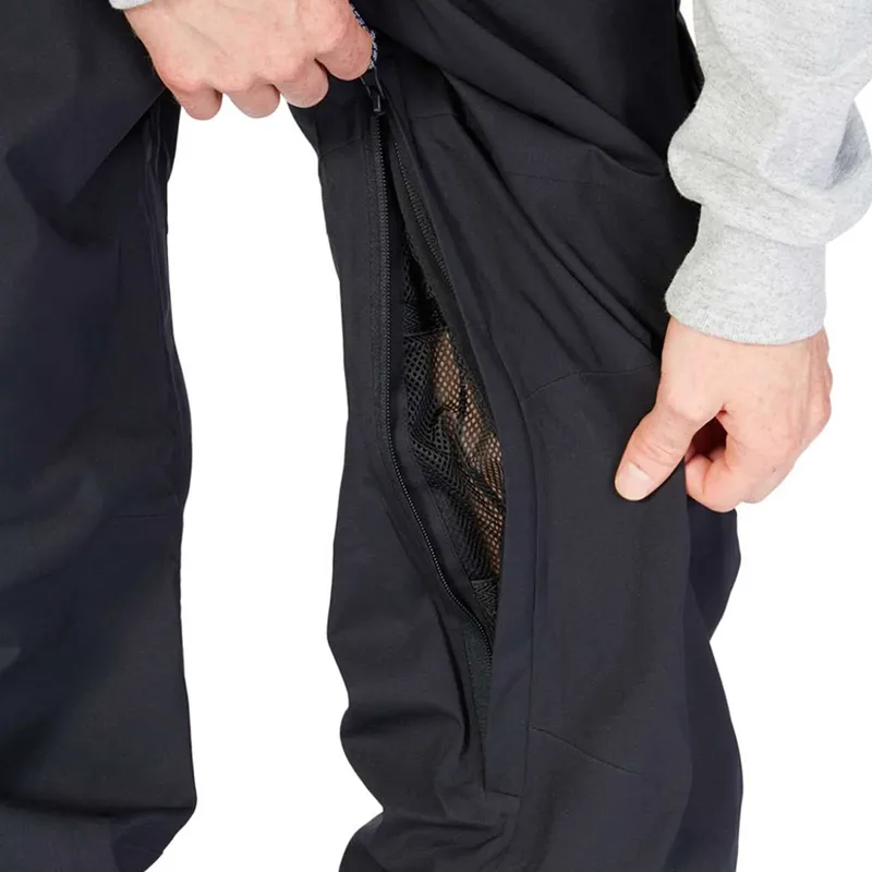Men's Cargo Ski Bib Pants — 2 Colourways — Black, side vent close-up