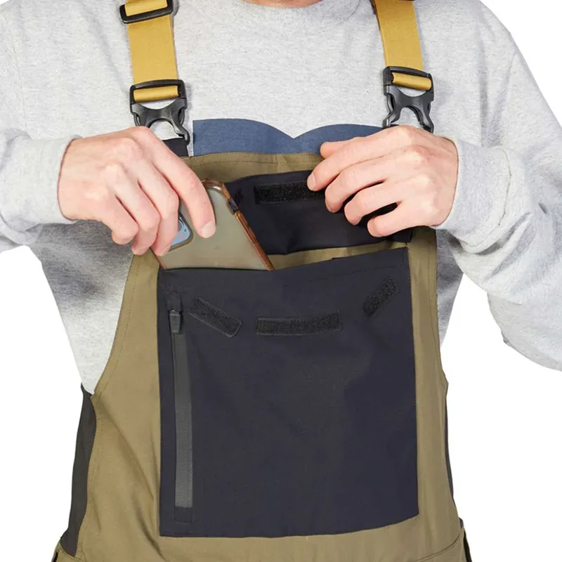 Men's Cargo Ski Bib Pants — 2 Colourways — Olive & Black, chest pocket close-up