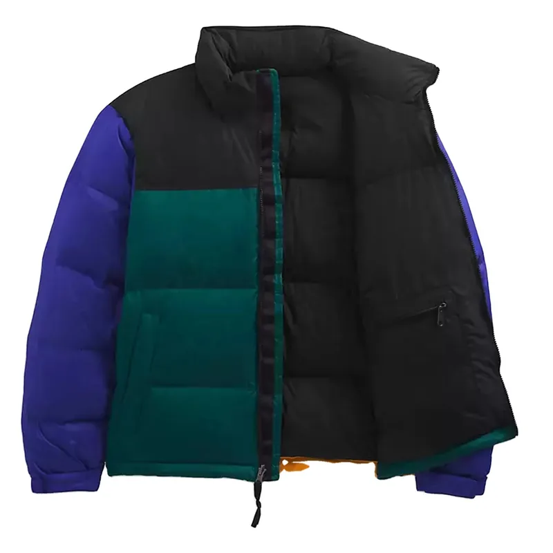 Men's Colour-Block Down Puffer Jacket — 1 Colourway — Blue Colour-Block, worn open front, black lining