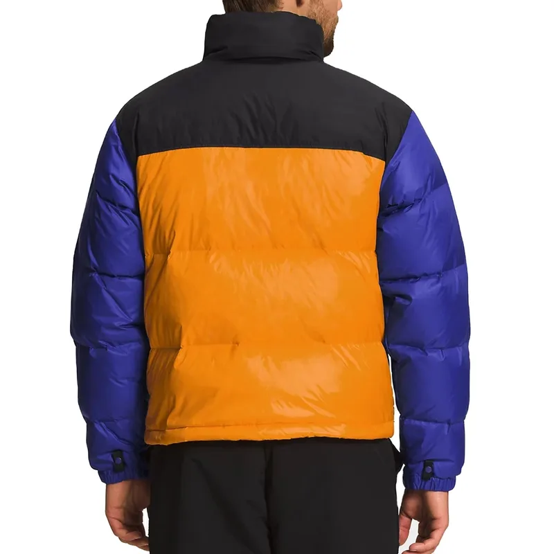 Men's Colour-Block Down Puffer Jacket — 1 Colourway — Blue Colour-Block, worn back view, orange panel