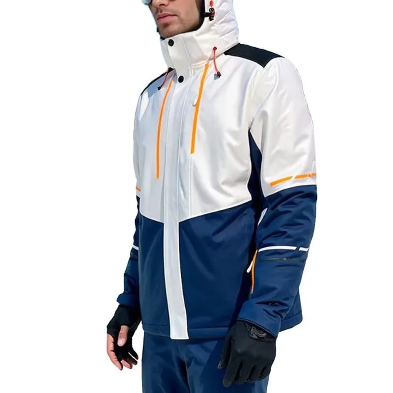 Men's Colour-Block Hooded Ski Jacket — White & Navy — White & Navy, worn side view