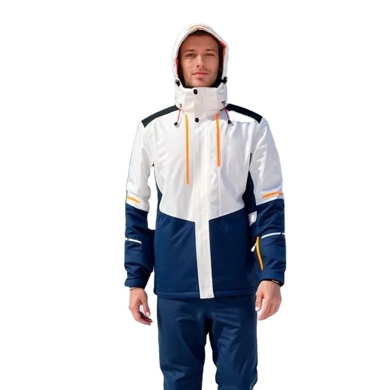 Men's Colour-Block Hooded Ski Jacket — White & Navy — White & Navy, worn front view