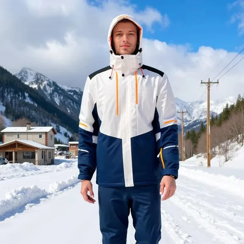 Men's Colour-Block Hooded Ski Jacket — White & Navy — White & Navy, worn front view on snow