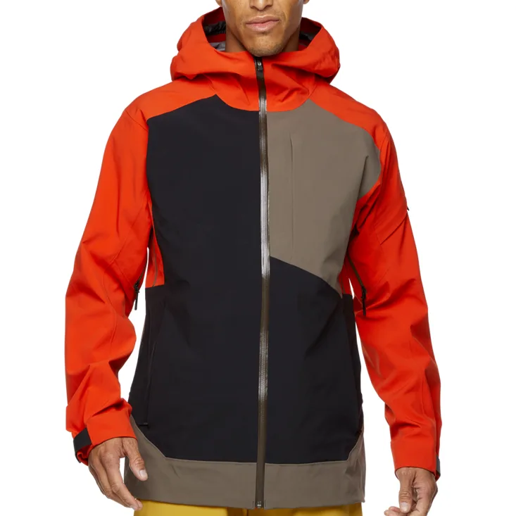 Men’s three-layer shell ski jacket with a waterproof, breathable coating — front view, red, black and taupe colour-block panels