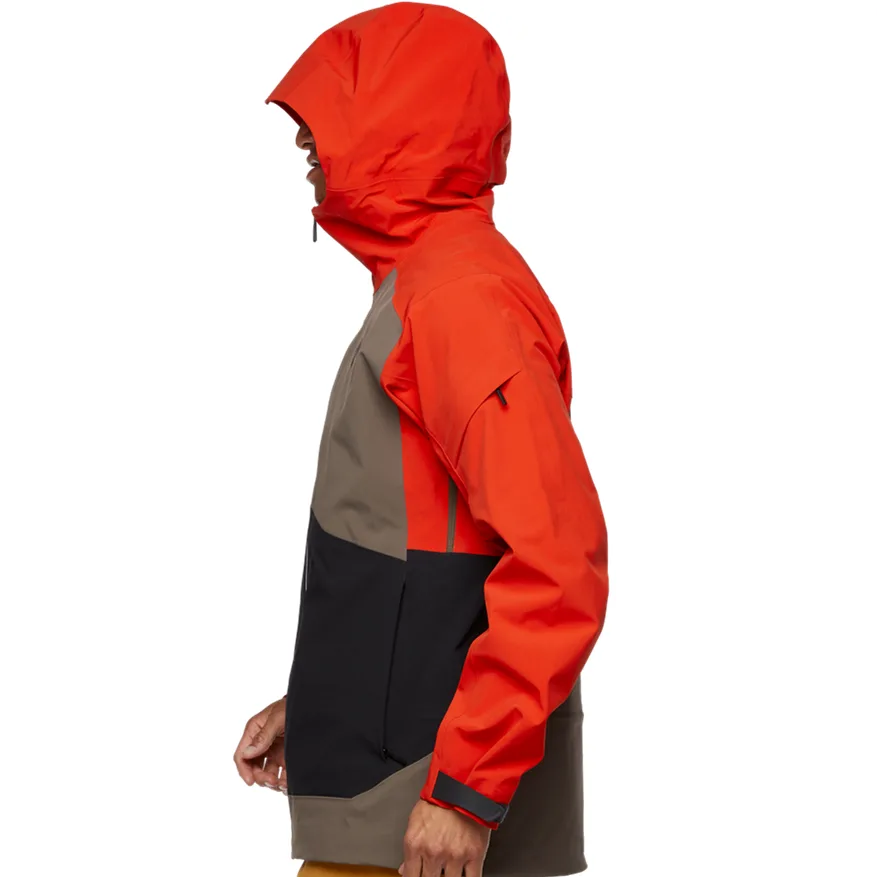 Men's Colour-Block Shell Jacket — Red / Black / Taupe — side view, hood up