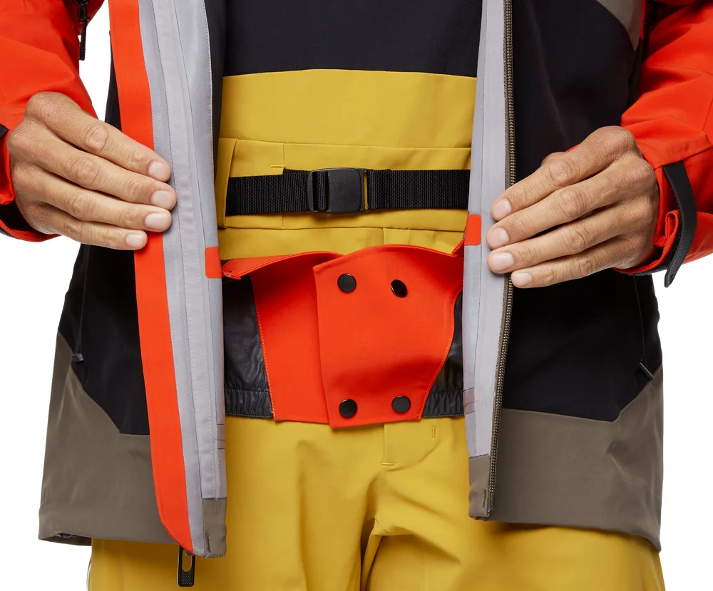 Men's Colour-Block Shell Jacket — Red / Black / Taupe — snow skirt detail