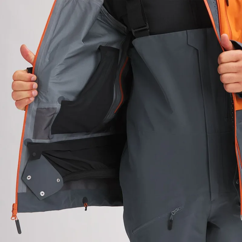 Men's Colour-Block Snowboard Jacket — 2 Colourways — Orange & Grey, open view, showing the snow skirt
