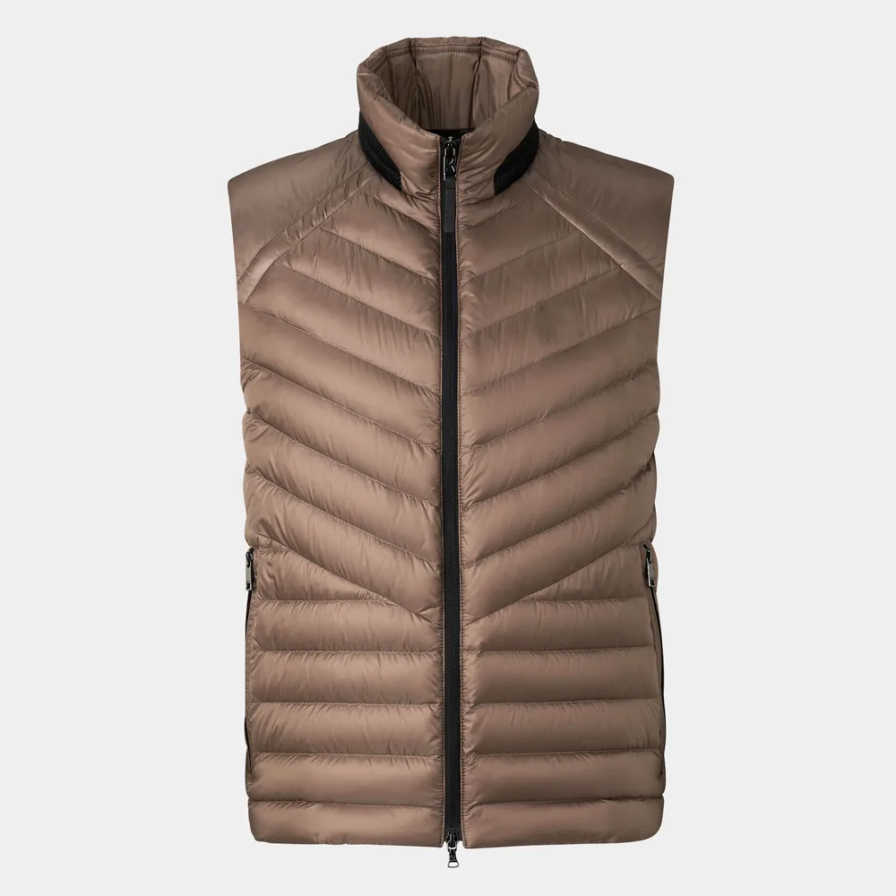 Men’s Cotton-Filled Herringbone Puffer Vest — Brown & Light Blue — Brown, front view