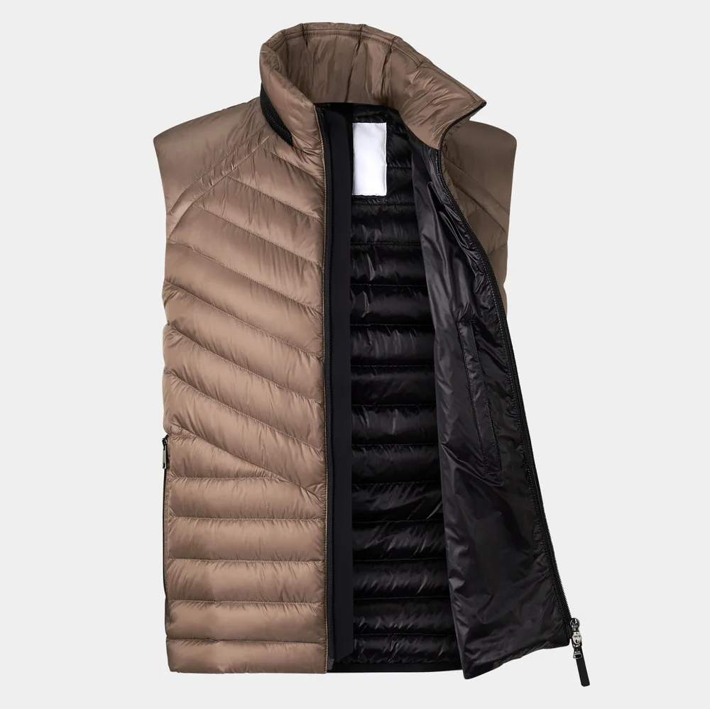 Men’s Cotton-Filled Herringbone Puffer Vest — Brown & Light Blue — Brown, open front and lining view