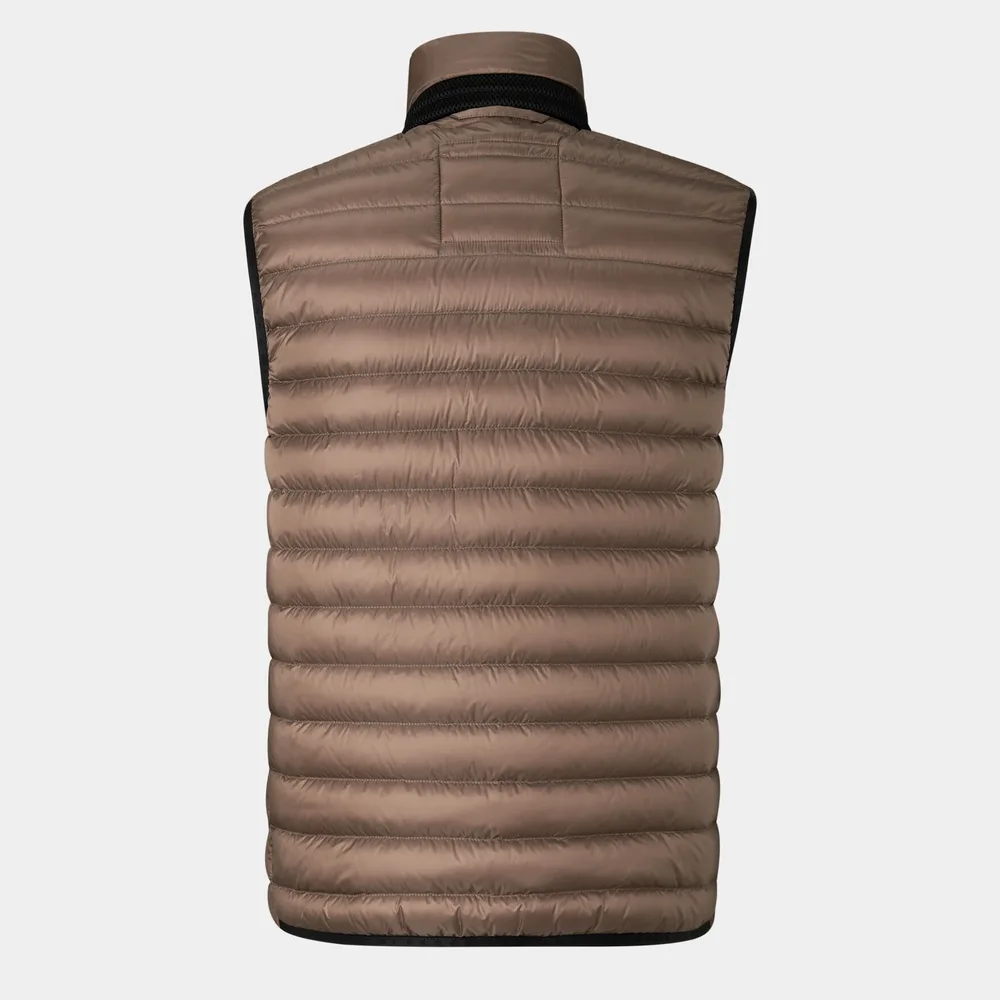 Men’s Cotton-Filled Herringbone Puffer Vest — Brown & Light Blue — Brown, back view