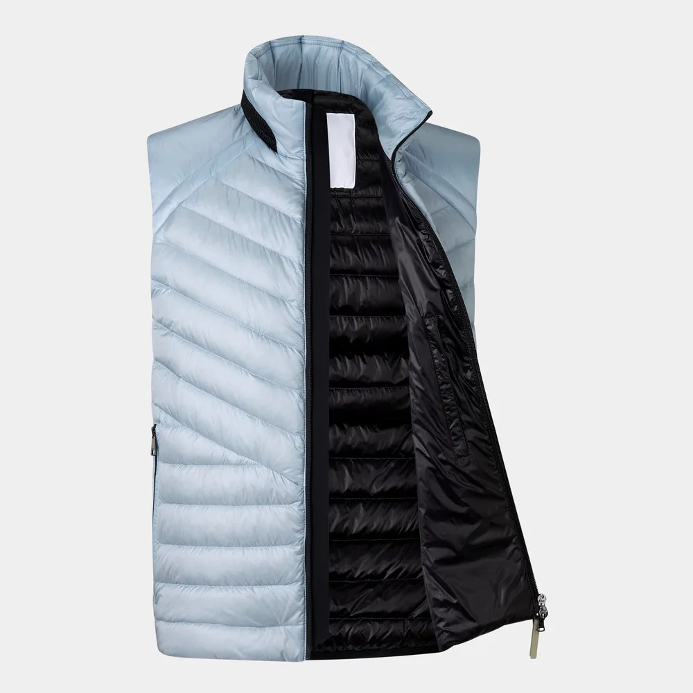 Men’s Cotton-Filled Herringbone Puffer Vest — Brown & Light Blue — Light Blue, open front and lining view