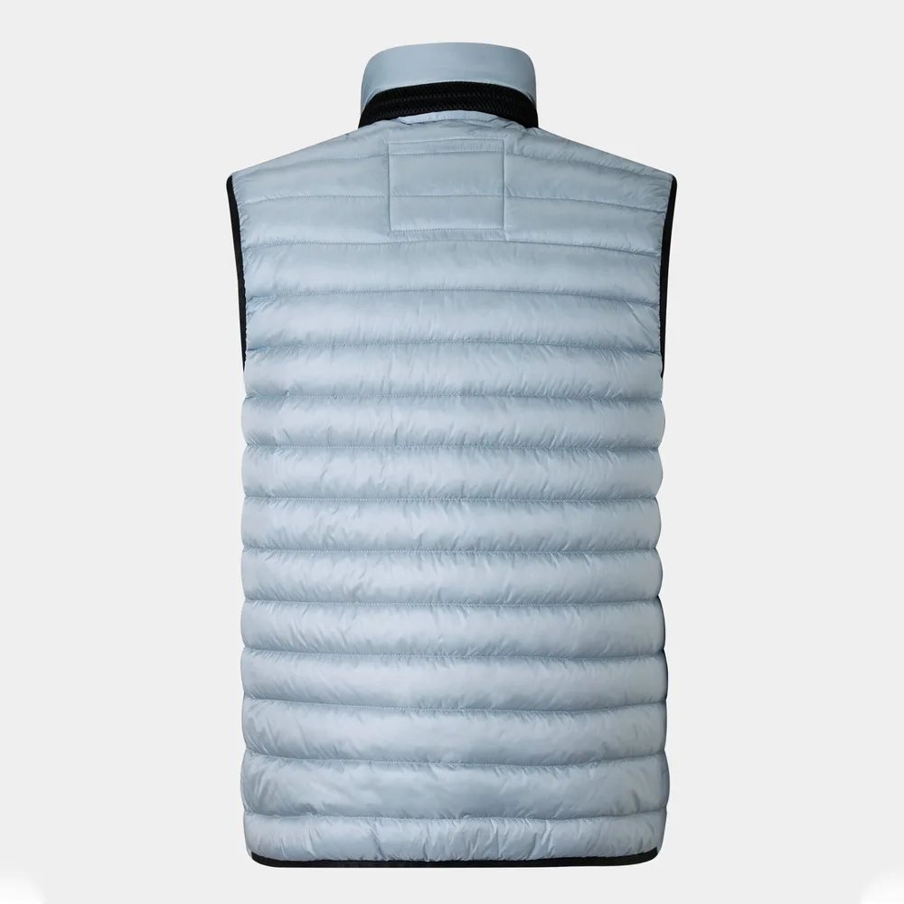 Men’s Cotton-Filled Herringbone Puffer Vest — Brown & Light Blue — Light Blue, back view