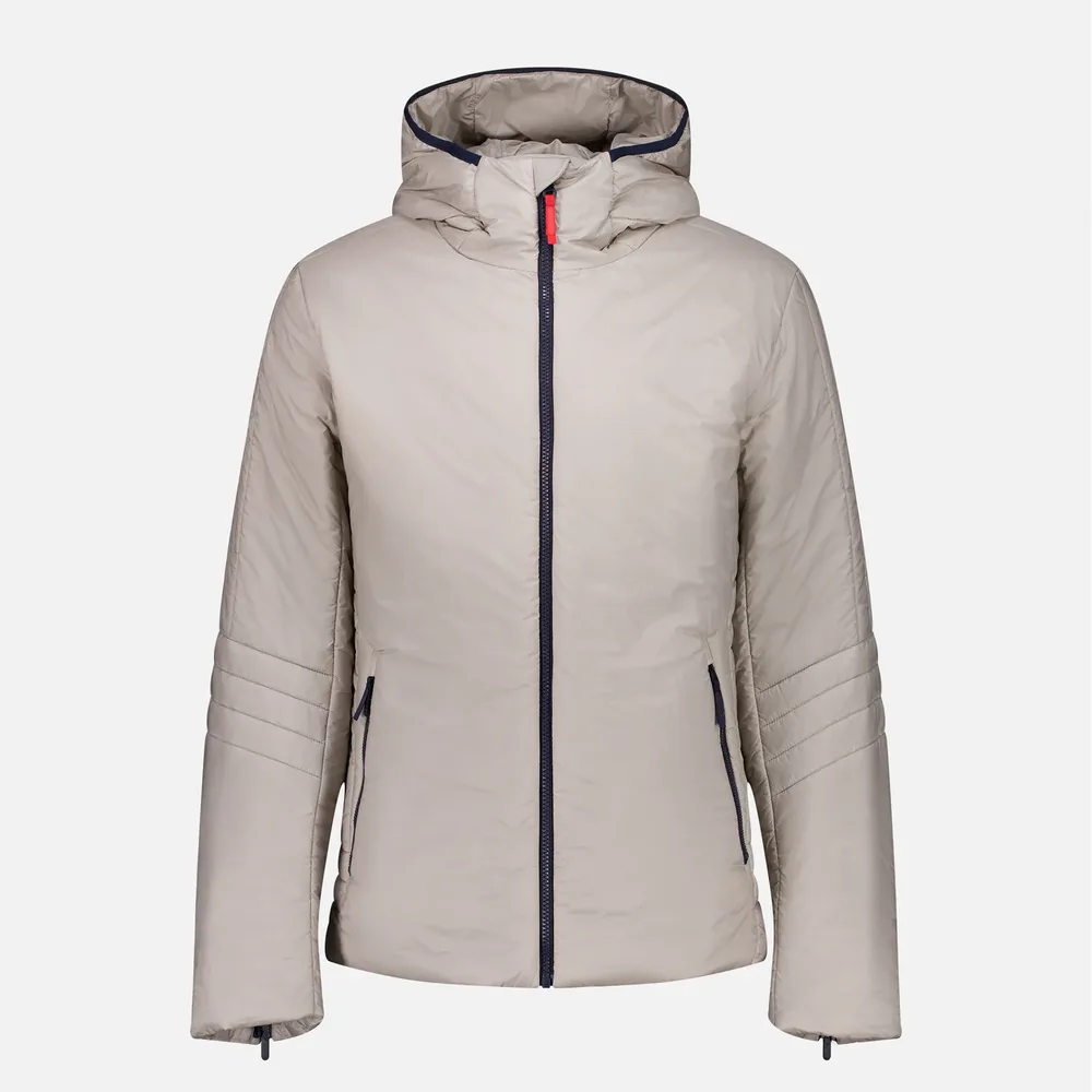 Men’s Cotton-Filled Hooded Puffer Jacket — Beige & Navy — Beige, front view