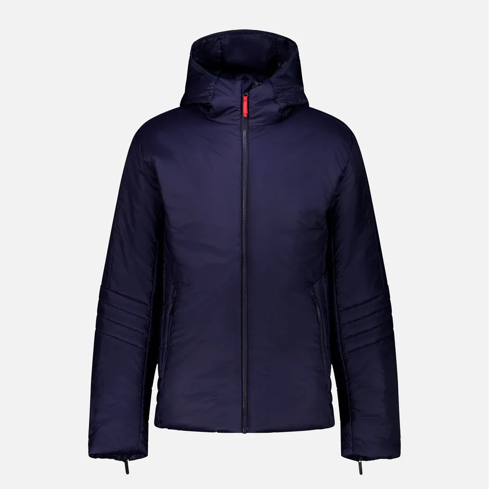 Men’s Cotton-Filled Hooded Puffer Jacket — Beige & Navy — Navy, front view