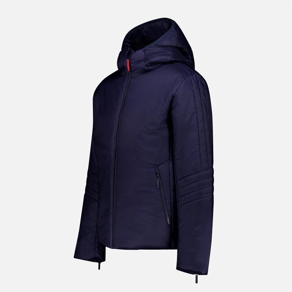Men’s Cotton-Filled Hooded Puffer Jacket — Beige & Navy — Navy, three-quarter front view