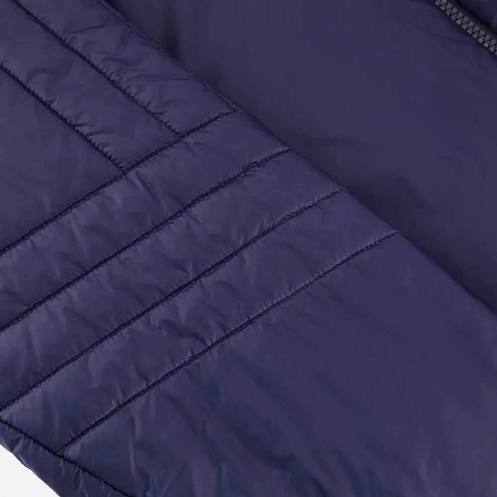 Men’s Cotton-Filled Hooded Puffer Jacket — Beige & Navy — Navy, sleeve quilting close-up