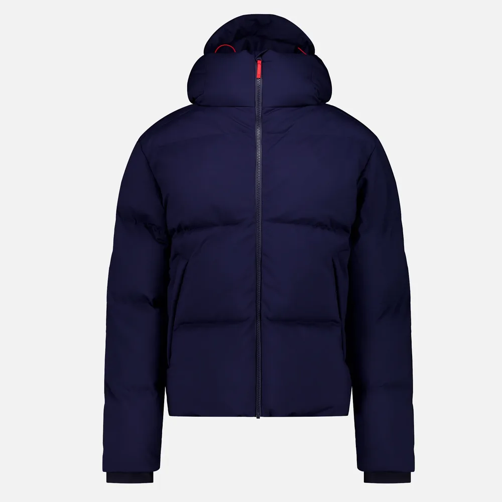 Men’s Cotton-Filled Hooded Puffer Jacket — Navy & Beige — Navy, front view