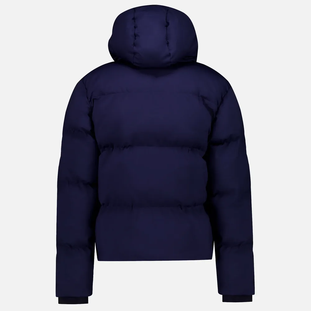 Men’s Cotton-Filled Hooded Puffer Jacket — Navy & Beige — Navy, back view