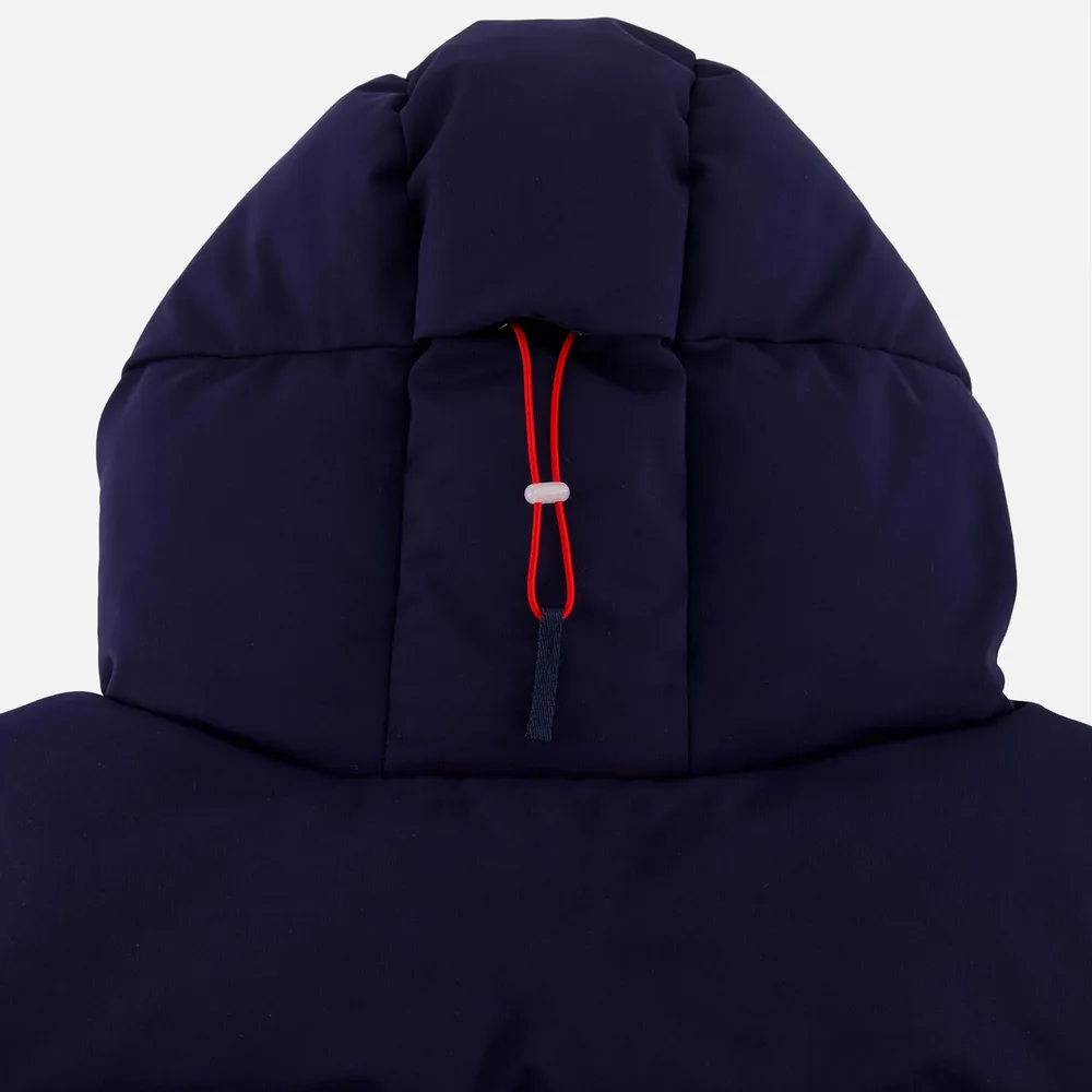 Men’s Cotton-Filled Hooded Puffer Jacket — Navy & Beige — Navy, hood drawcord close-up
