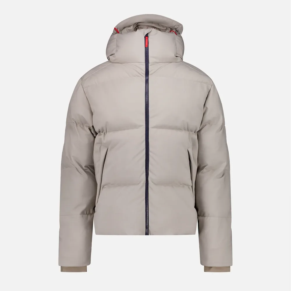 Men’s Cotton-Filled Hooded Puffer Jacket — Navy & Beige — Beige, front view
