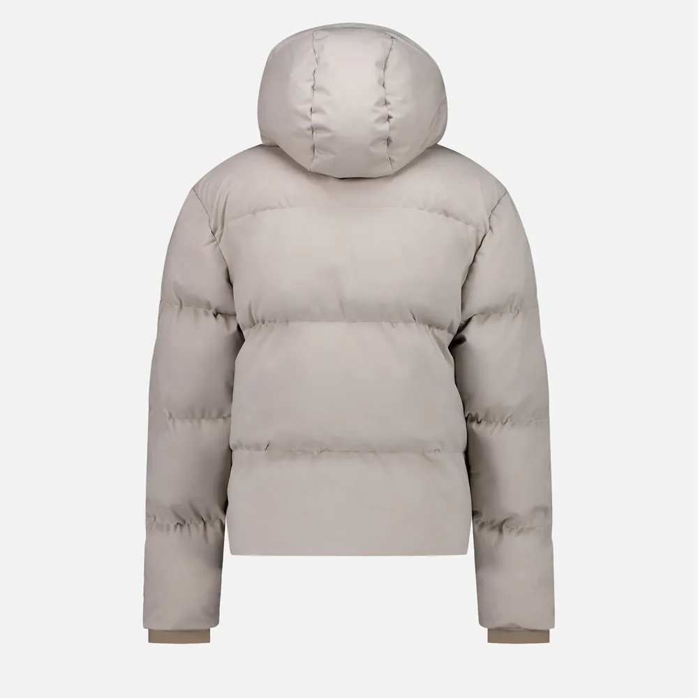Men’s Cotton-Filled Hooded Puffer Jacket — Navy & Beige — Beige, back view