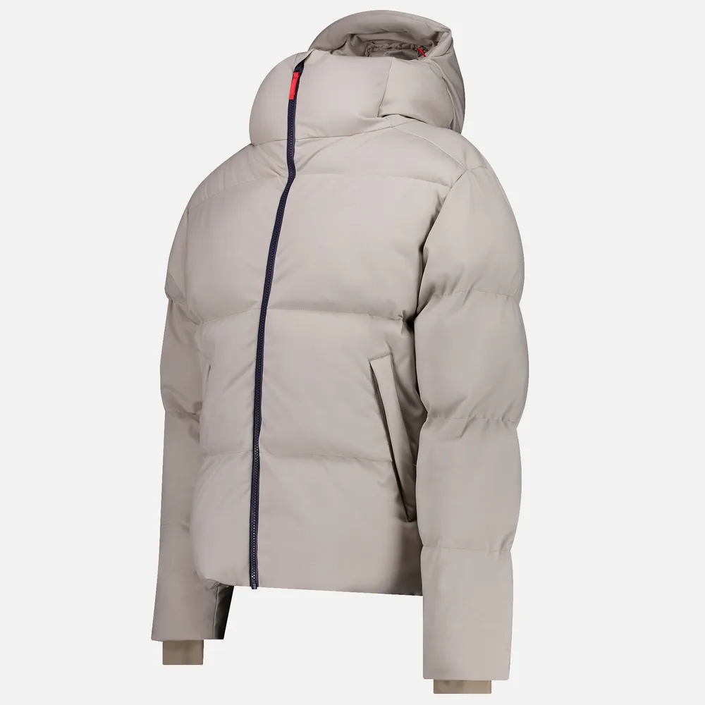Men’s Cotton-Filled Hooded Puffer Jacket — Navy & Beige — Beige, three-quarter front view