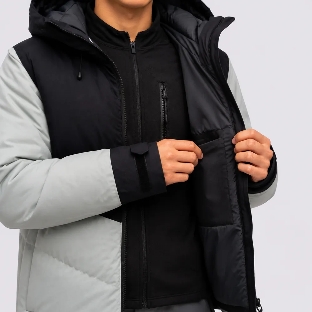 Men’s Cotton-Filled Puffer Jacket — Black & Grey — Black/Grey, open view on model