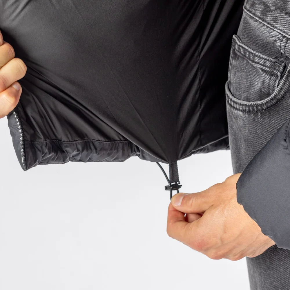 Men’s Cotton-Filled Puffer Jacket — Dark Teal & Black — Black, hem drawcord detail