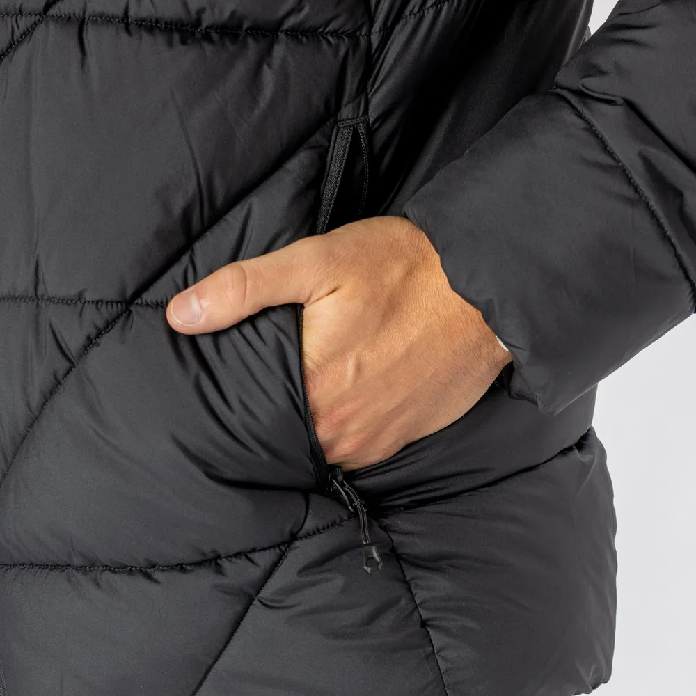 Men’s Cotton-Filled Puffer Jacket — Dark Teal & Black — Black, side pocket detail